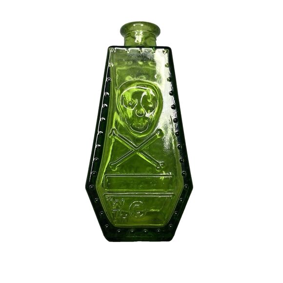 Vintage 1971 Wheaton Mini Green Glass Poison Bottle Coffin Skull Crossbones RIP - Picture 1 of 9
